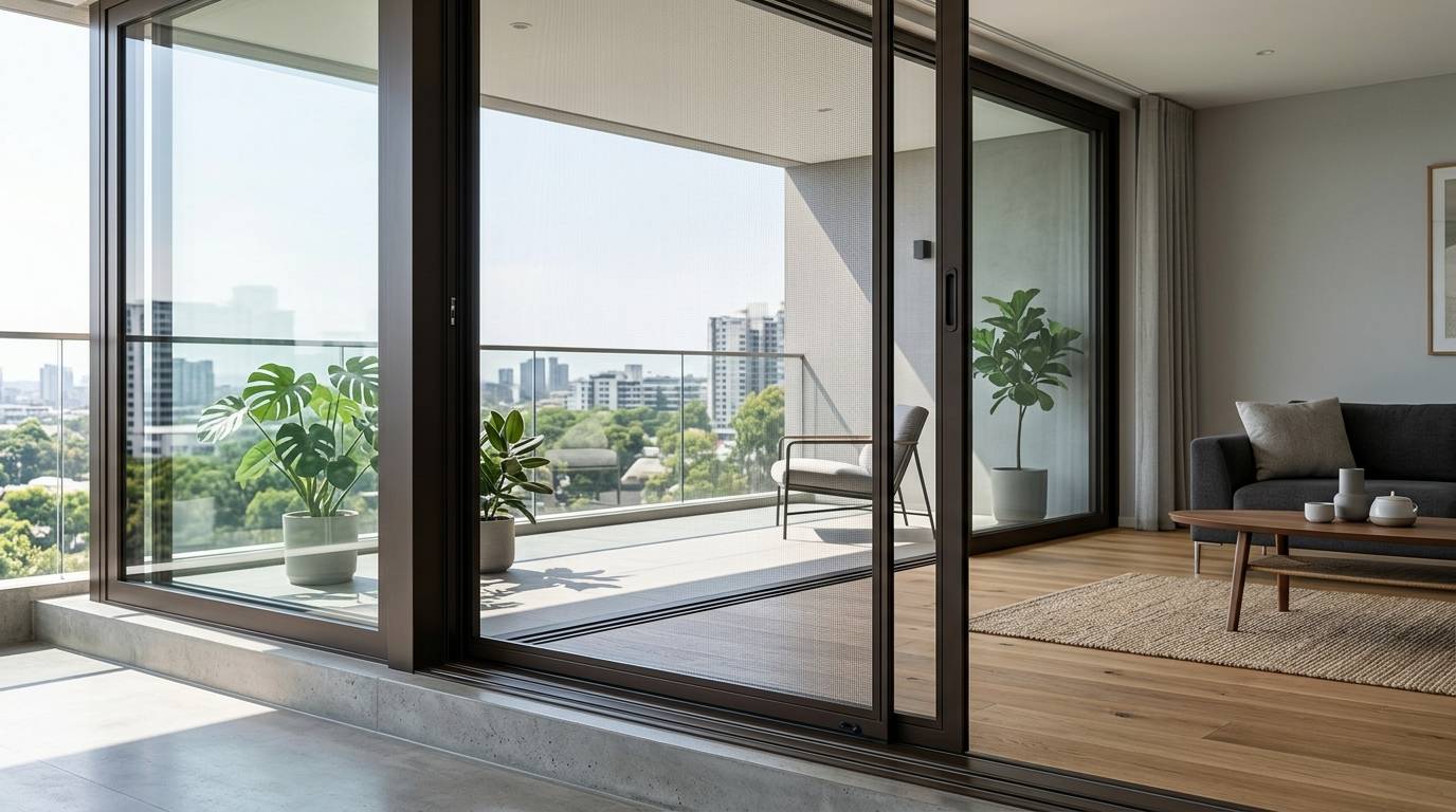 Ultra-slim sleek aluminum sliding mosquito net door for large balconies in Jubilee Hills