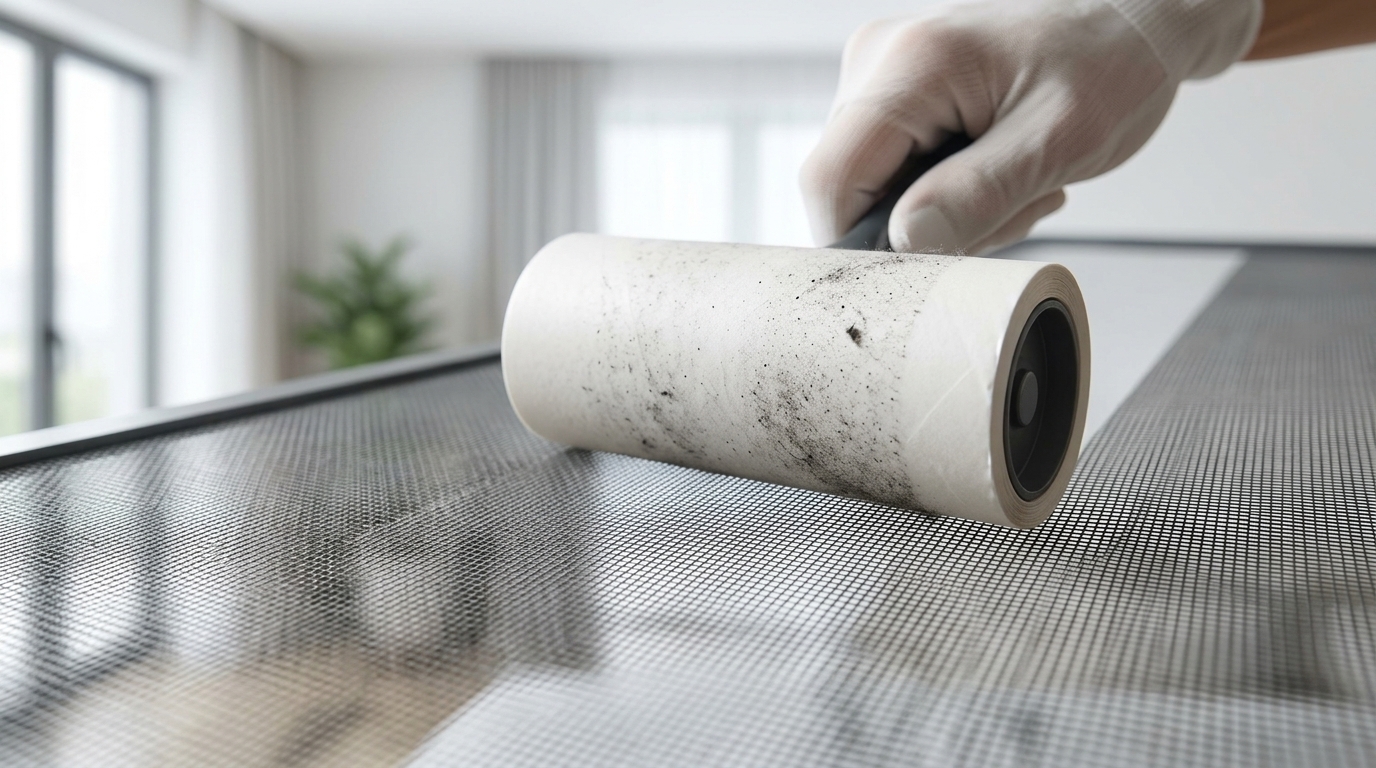 Safe cleaning of fiberglass mosquito screens using a lint roller
