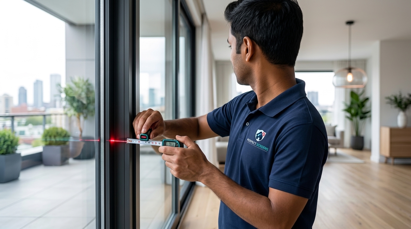 Perfect Screens technician measuring for custom window blinds