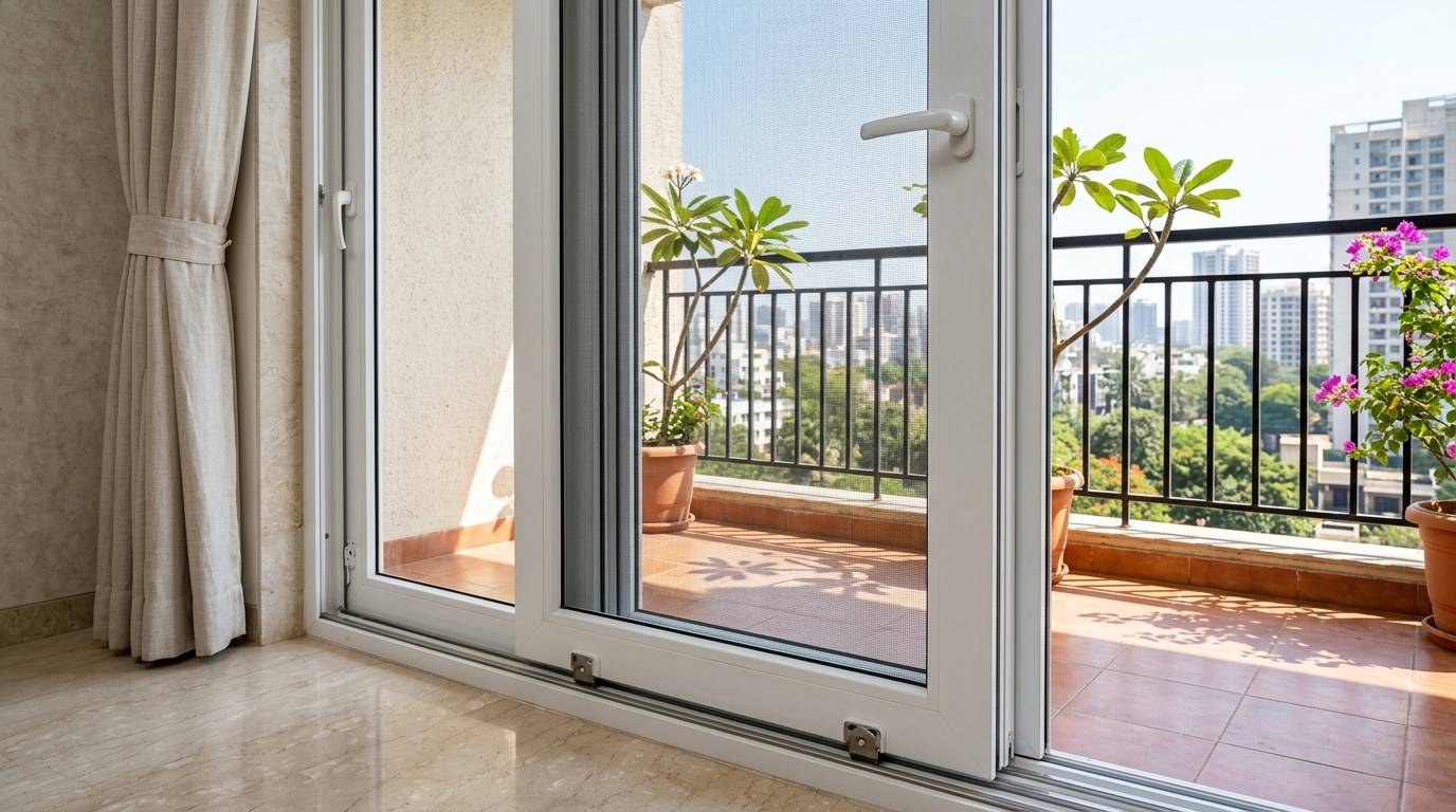 Heavy-duty UPVC sliding mosquito mesh door installed in a Hyderabad luxury apartment by Perfect Screens