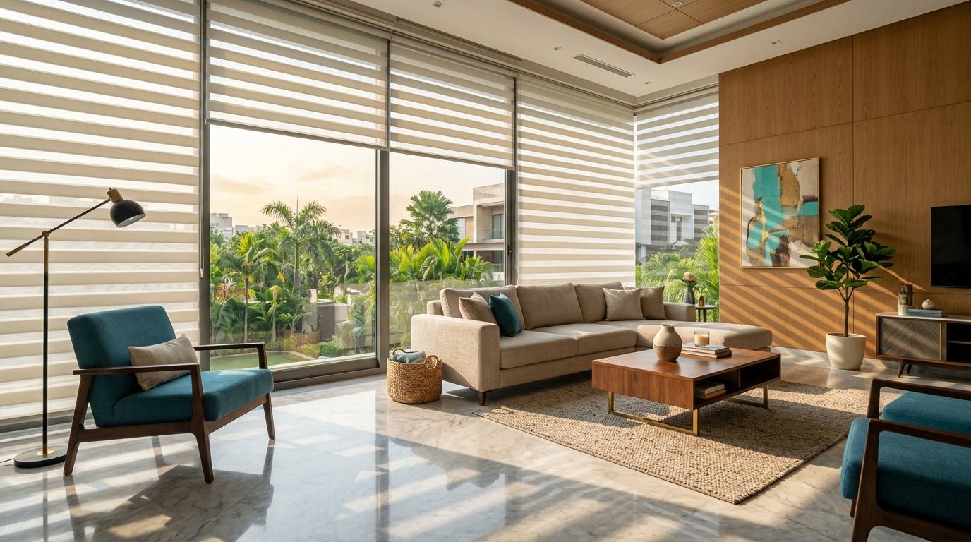 Premium motorized zebra blinds installed in a luxury Hyderabad living room