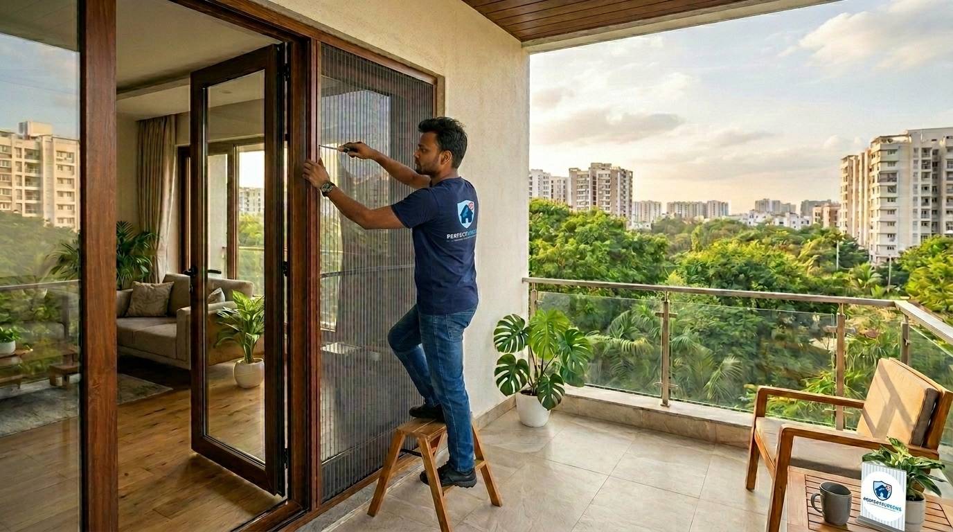 Perfect Screens technician installing high-end mosquito mesh
