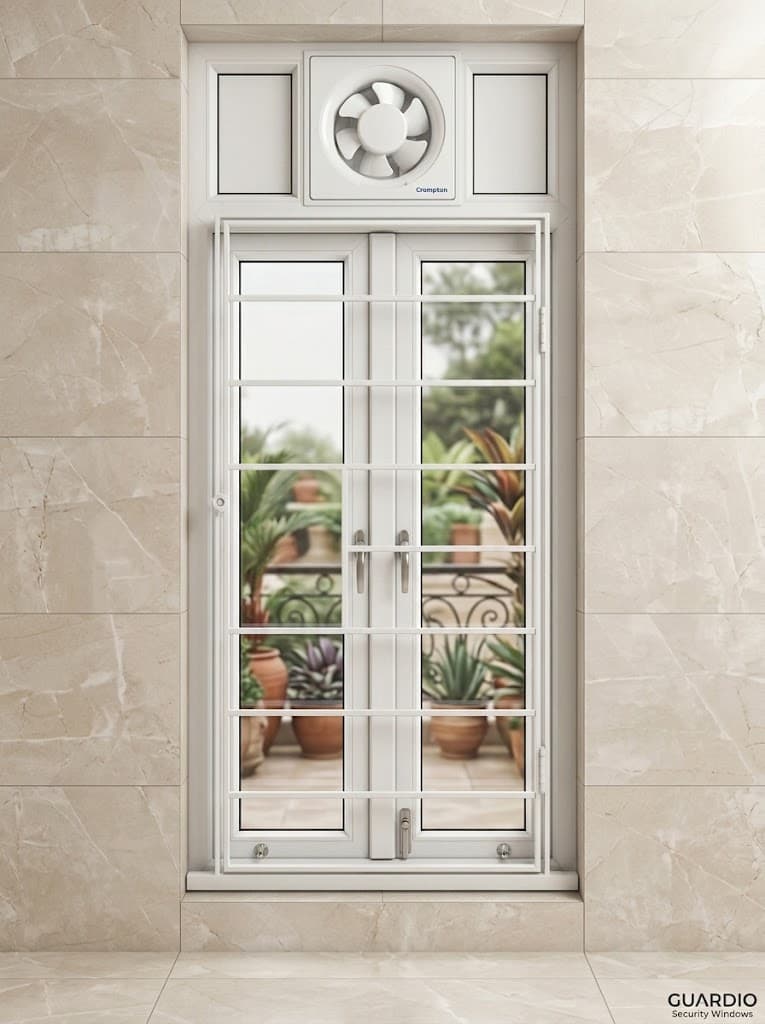 kitchen ventilation window with UPVC frame and mosquito mesh planning by Perfect Screens Hyderabad