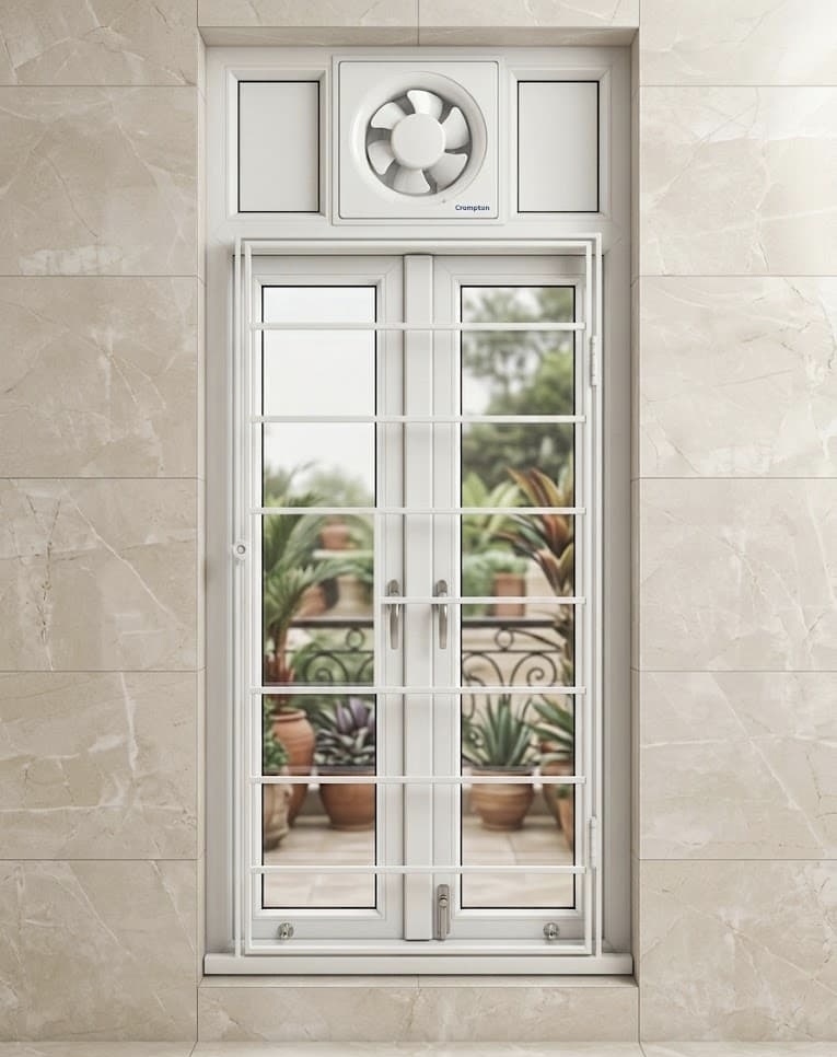 kitchen UPVC window with exhaust fan space and mosquito mesh by Perfect Screens Hyderabad